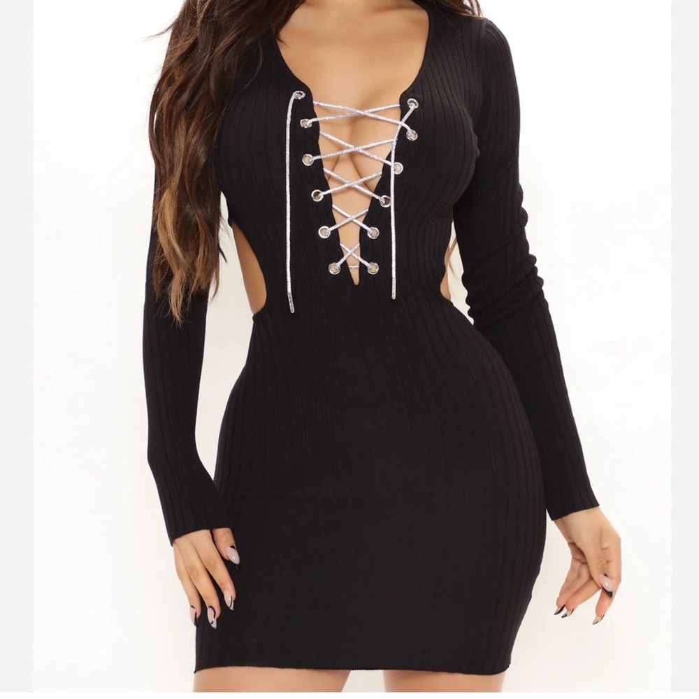 Hera Collection Black Ribbed Lace-Up Long Sleeve Bodycon Dress